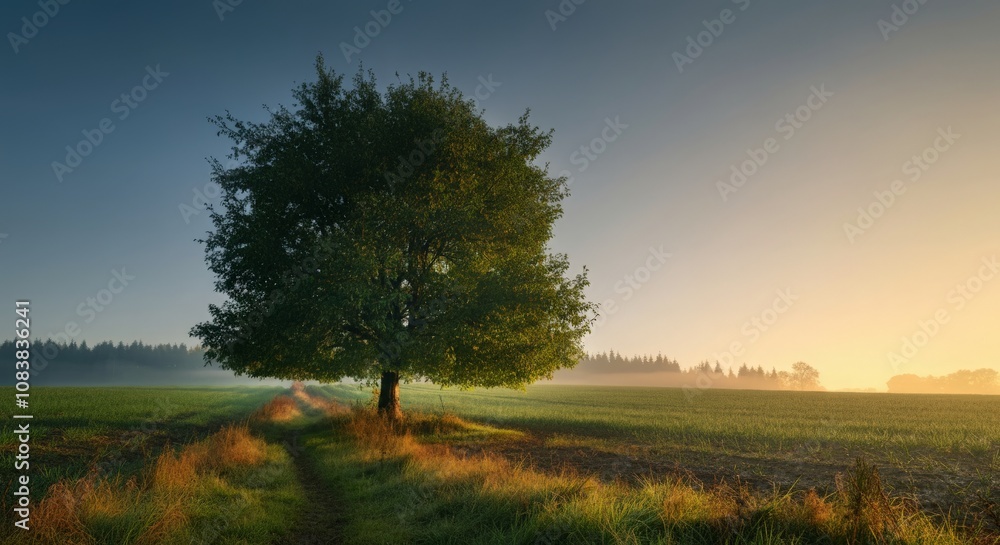 Obraz premium New Beginnings: A Tree in an Open Field at Dawn, Symbolizing Growth