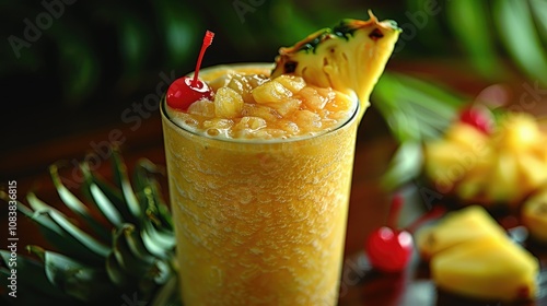 Refreshing pineapple smoothie with a maraschino cherry garnish, served in a tall glass. photo