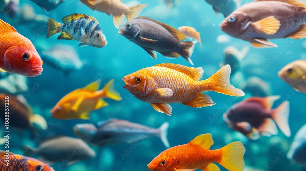 Fototapeta premium A vibrant underwater scene showcasing a variety of colorful fish swimming among aquatic plants in clear blue water.