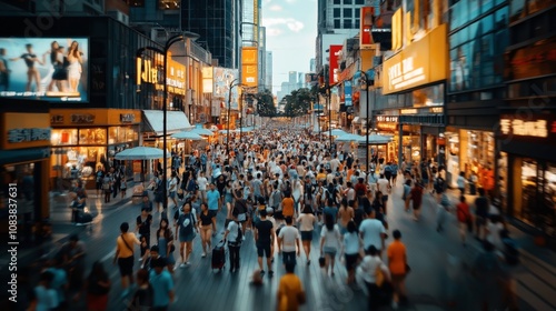 Wallpaper Mural A bustling urban shopping street filled with a diverse crowd of people walking under bright billboards and shop signs during daytime, surrounded by tall modern buildings. Torontodigital.ca