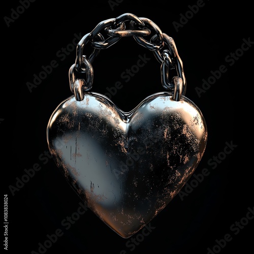 Craft a photorealistic 3D rendering of a heart-shaped lock secured with a sturdy chain, showcasing a frontal perspective to convey the idea of eternal commitment