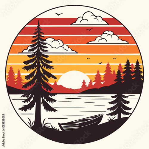 Retro Vintage Lake Scene with Canoe and Trees Vector Art Illustration, T-shirt Design Graphic.
