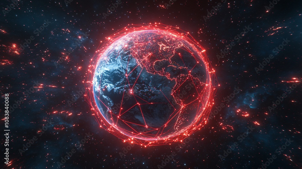 Obraz premium Dynamic visualization of a red network web encircling a glowing blue earth digital art space environment abstract viewpoint global connectivity concept