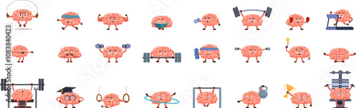 Train brain icons set. Cartoon brains performing various exercises, promoting mental fitness and cognitive health through physical activity