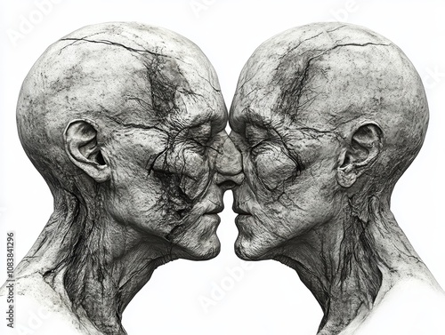 Two human figures about to kiss, detailed sculptures, white isolate background. photo