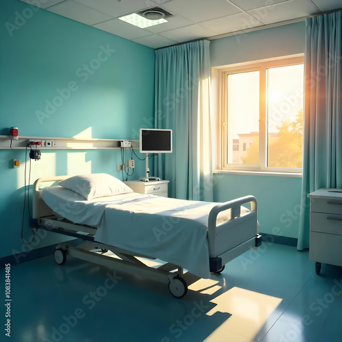 An empty hospital room, evoking a sense of stillness and solitude in a sterile environment.