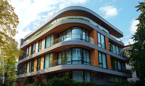 A four storey modern mid rise apartment with metal wood beige brick and glass cladding featuring an oval roof and green roof in darker earthy tones photo