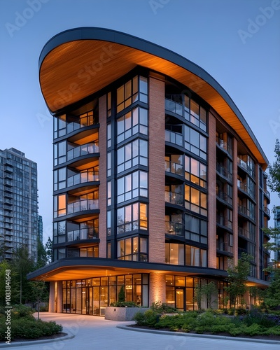 A four storey modern mid rise apartment with metal wood beige brick and glass cladding featuring an oval roof and green roof in darker earthy tones photo