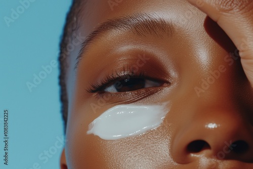 face and hand applying cream on cheek, highlighting the facial skin tone, skin care, the use of cosmetology products, the concept of the beauty industry