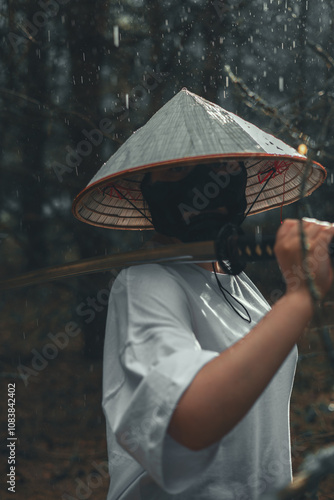 A mysterious man in a black mask and a conical hat holds a katana in a rainy forest. The samurai exudes calm and strength as he holds the katana loosely on his shoulder. photo