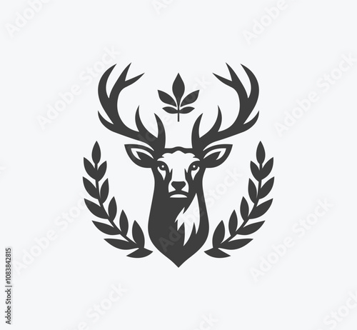 Deer logo design with laurel wreath. Deer emblem design.