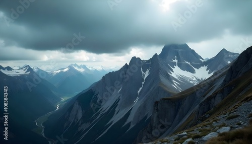 Storm clouds swirling above a rocky mountain range with copy space photo