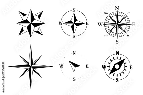 Compass icon set  with cardinal directions of North, East, South, West. Monochrome navigational sign,   Geographical position, cartography emblem. Vector illustration isolated on white background