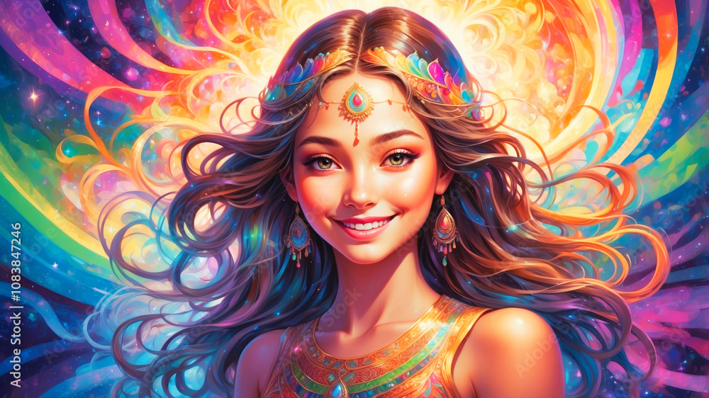 Obraz premium A radiantly glowing young woman with a serene smile, dream and meditation concept