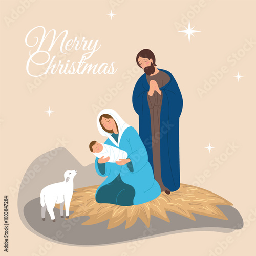 Merry Christmas, religious scene with Mary, Joseph and baby Jesus, tender greeting card with Christmas.Vector illustration