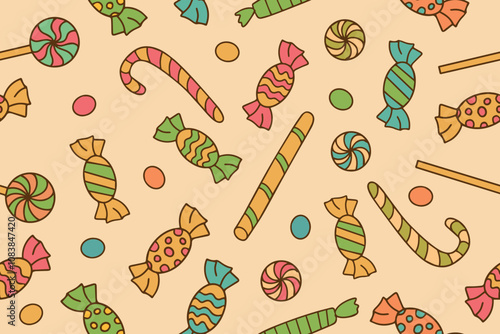 Vector seamless pattern with sweets candies and lollipops in doodle style. Bright colorful candy background. Vector illustration