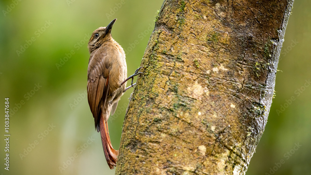 Spot throated woodcreeper bird on tree trunk