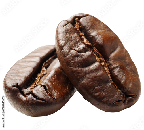 Close-up Two roasted coffee beans isolated on transparent background