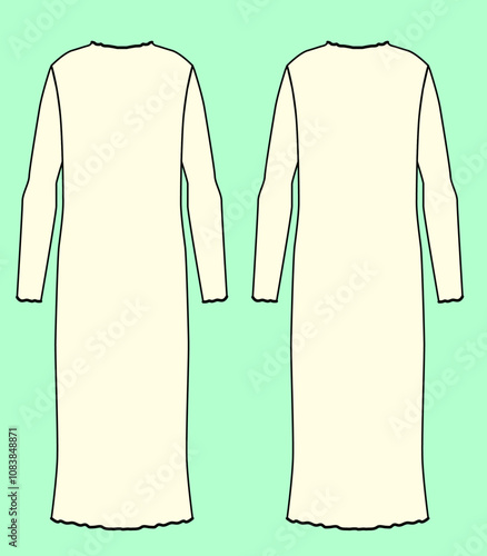 Ladies column midi long dress flat sketch