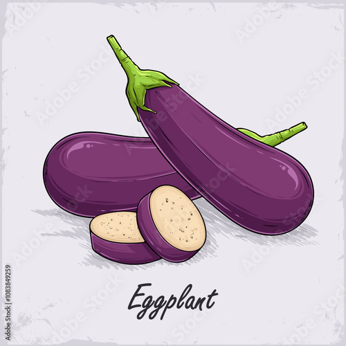 Hand drawn healthy fresh organic purple fully and sliced eggplants benefic for body and skin health