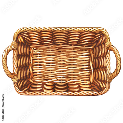 Empty Rectangular Wicker Basket with Wooden Texture Isolated on White Background for Storage and Decoration