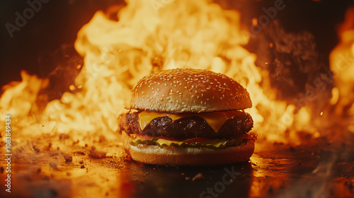 Picture of a burger on a background of burning flames
