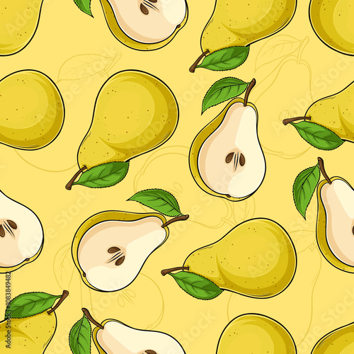 Hand drawn seamless pattern of pair of full and cutout healthy organic yellow pears with green leaf