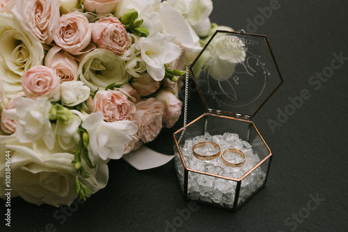 wedding rings and flowers