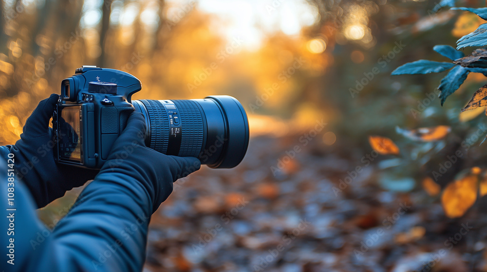 Fototapeta premium A photographer adjusting their camera in a forest clearing, framing the perfect shot of sunlight streaming through the trees: Their five-fingered hands focus the lens, with an expr