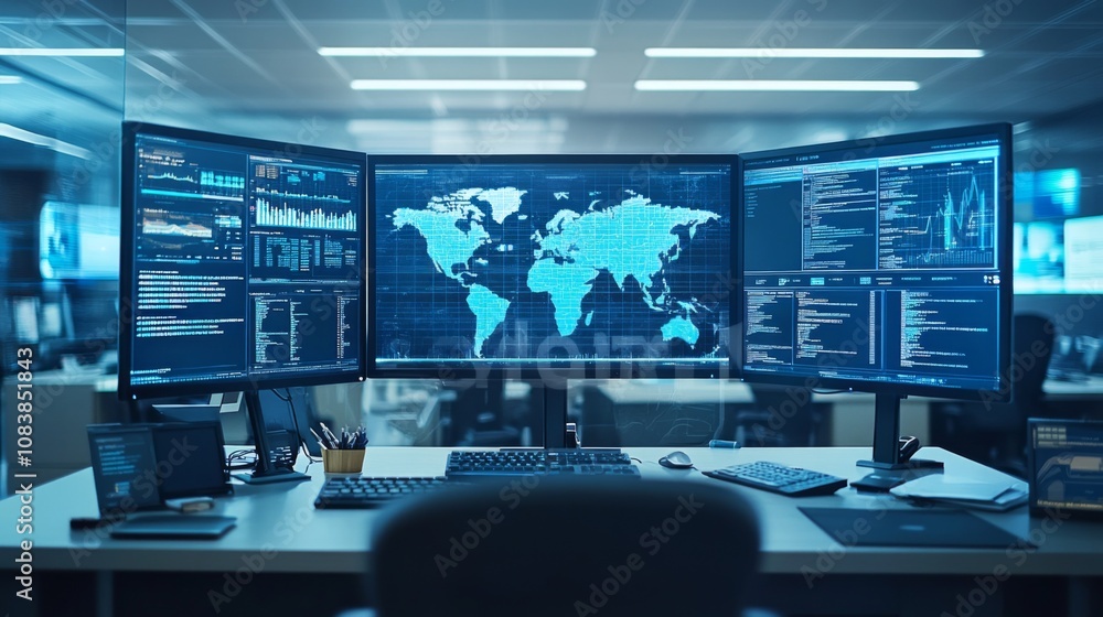 Fototapeta premium A Workstation Displaying a World Map, Data, and Code