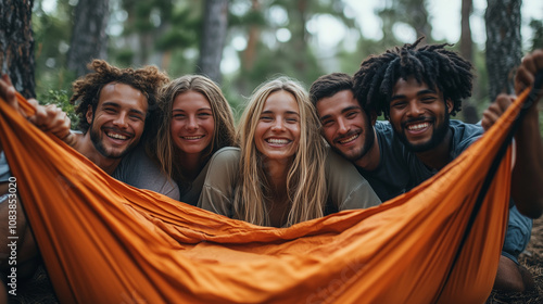 A group of friends setting up a hammock in a forest clearing, laughing as they work together: Their five-fingered hands pull on ropes and adjust the hammock, their faces glowing wi