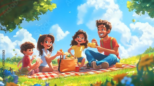 Capture the joy of a family picnic in a wide-angle view, showcasing vibrant colors and genuine smiles