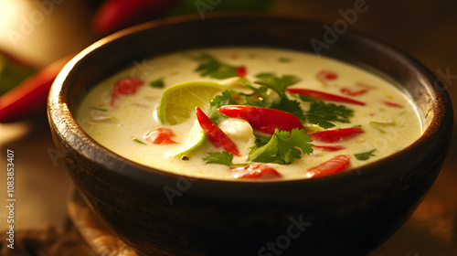 Comforting Creamy Coconut Curry Soup with Spices and Fresh Vegetables for a Satisfying Meal photo