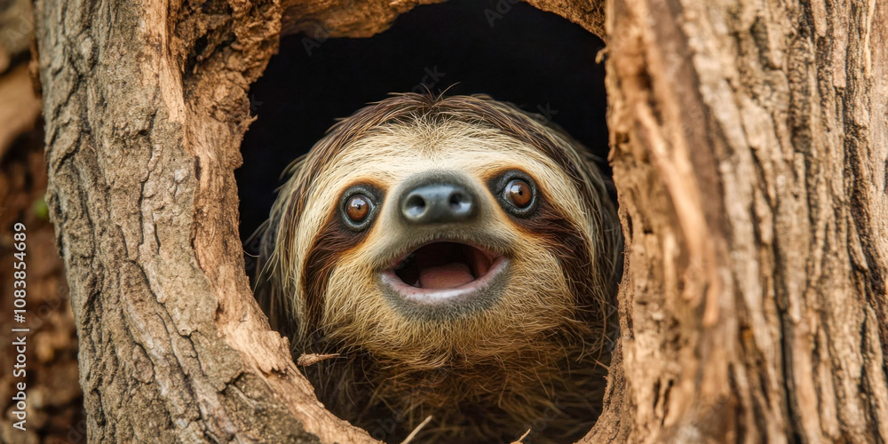 Naklejka premium Happy sloth peeking through a tree trunk in lush forest environment