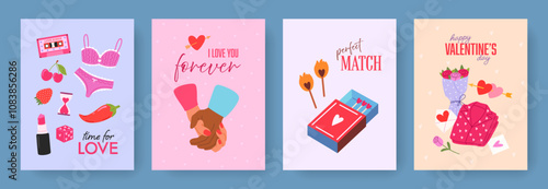 Hand drawn greeting cards set of Valentines Day and Love with lettering and typography. Cartoon design with cute romantic elements, hands of couple, matches, pajamas. Vector design concept for print