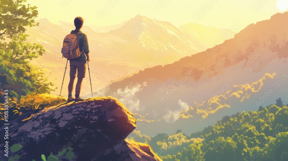 Obraz premium Hiker gazing at majestic mountains during sunrise feeling inspired