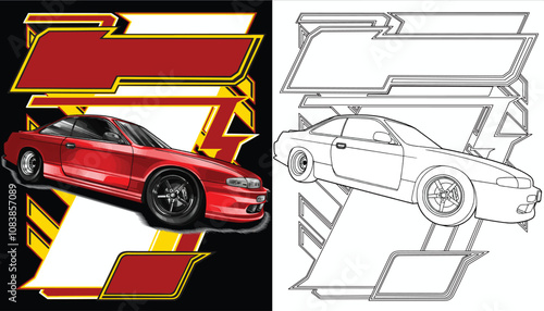 Outline red and painted racing car. Isolated in black background, for t-shirt design, print, and for business purposes.