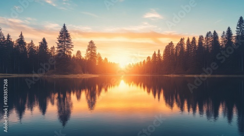Serene landscape at sunset reflecting on a peaceful lake
