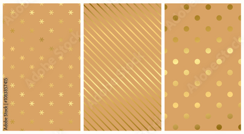 Set blank minimalist kraft background. Gift craft wrapping paper in golden circle, dot, snowflake, st for wallpaper, postcard, poster, collage for New Year, Christmas. Vector illustration EPS10