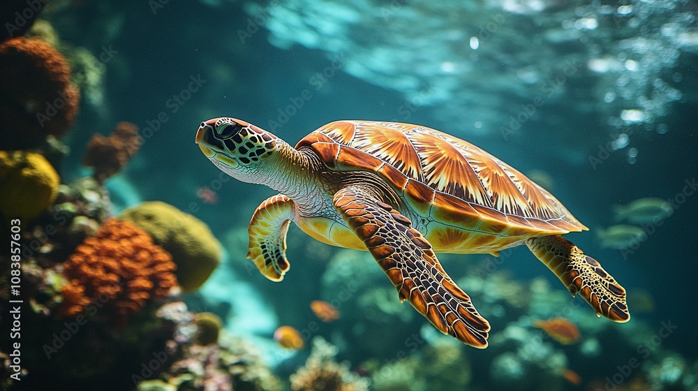 Obraz premium Sea Turtle Swimming in Coral Reef with Colorful Fish
