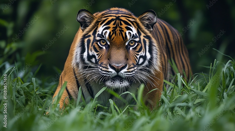 Fototapeta premium Tiger Prowling in Jungle Grass with Focused Amber Eyes
