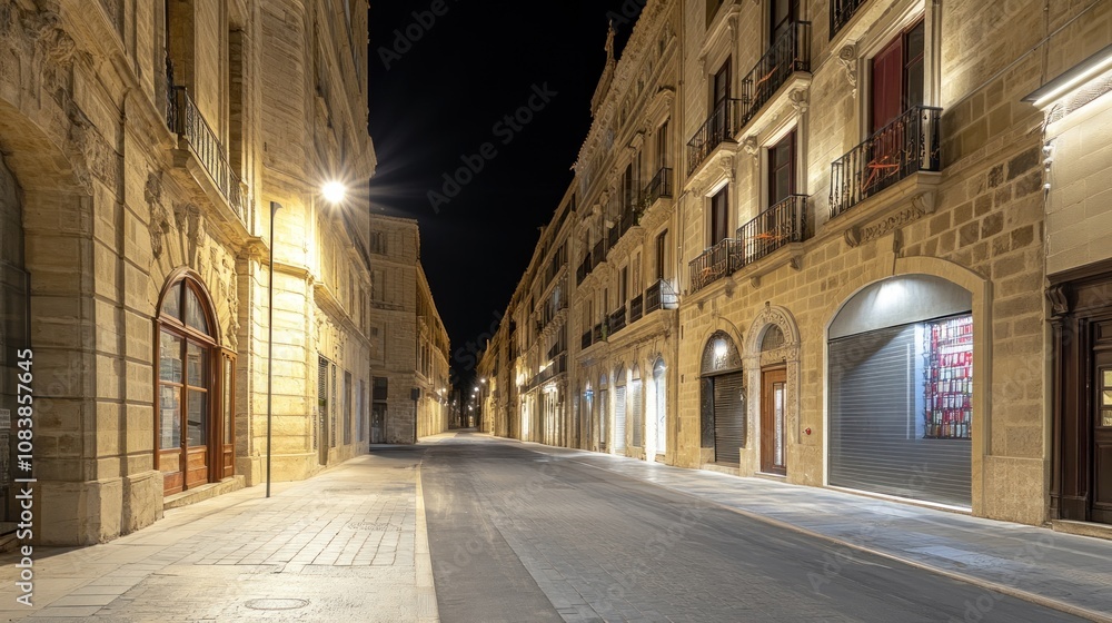 Obraz premium A quiet, illuminated street at night with historic buildings lining both sides.