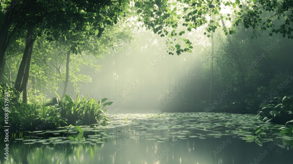Fototapeta premium Serene forest scene with misty water and lush greenery