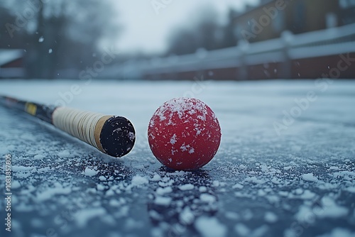 A bandy ball and stick rest on an icy surface, dusted with snow.