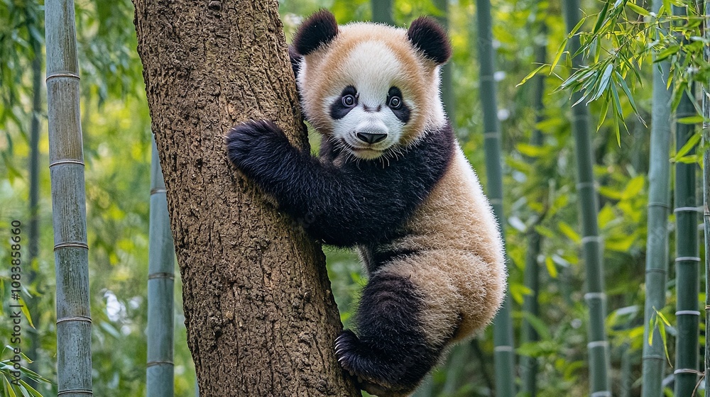 Fototapeta premium Panda Cub Climbing Tree in Bamboo Forest