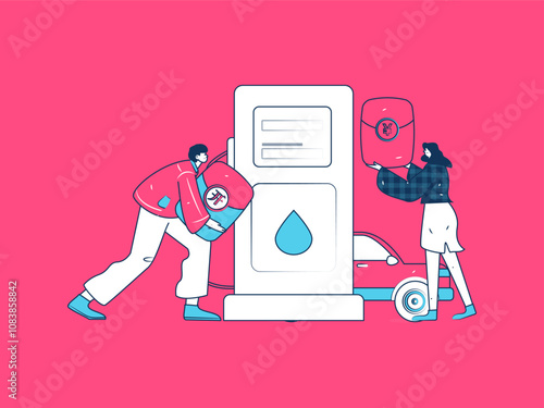 Vector Internet operation hand-drawn illustration of people getting discounts for refueling their cars
