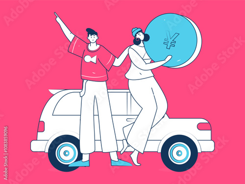 Vector Internet operation hand-drawn illustration of people getting discounts for refueling their cars
