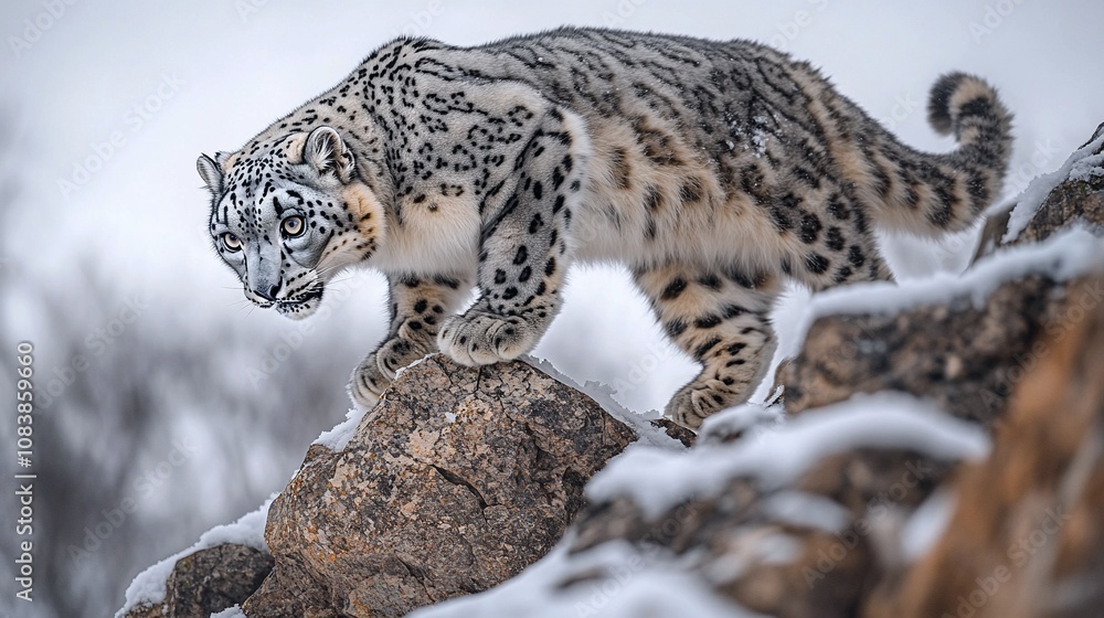 Fototapeta premium Snow Leopard Climbing Rocky Mountain in Winter