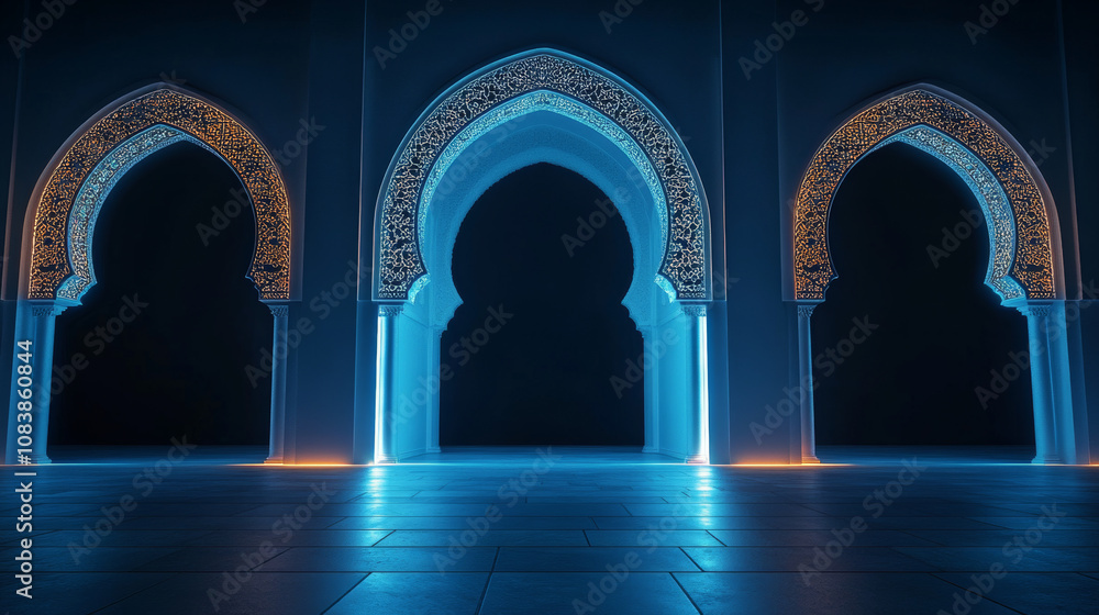 Fototapeta premium A beautifully lit interior showcasing intricate Islamic architecture with detailed arches, glowing patterns, and reflective blue tones on the floor. 