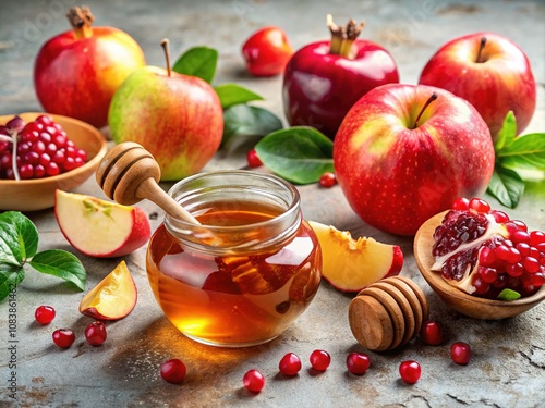 Rosh Hashanah Apples Pomegranate Honey Still Life Photo photo